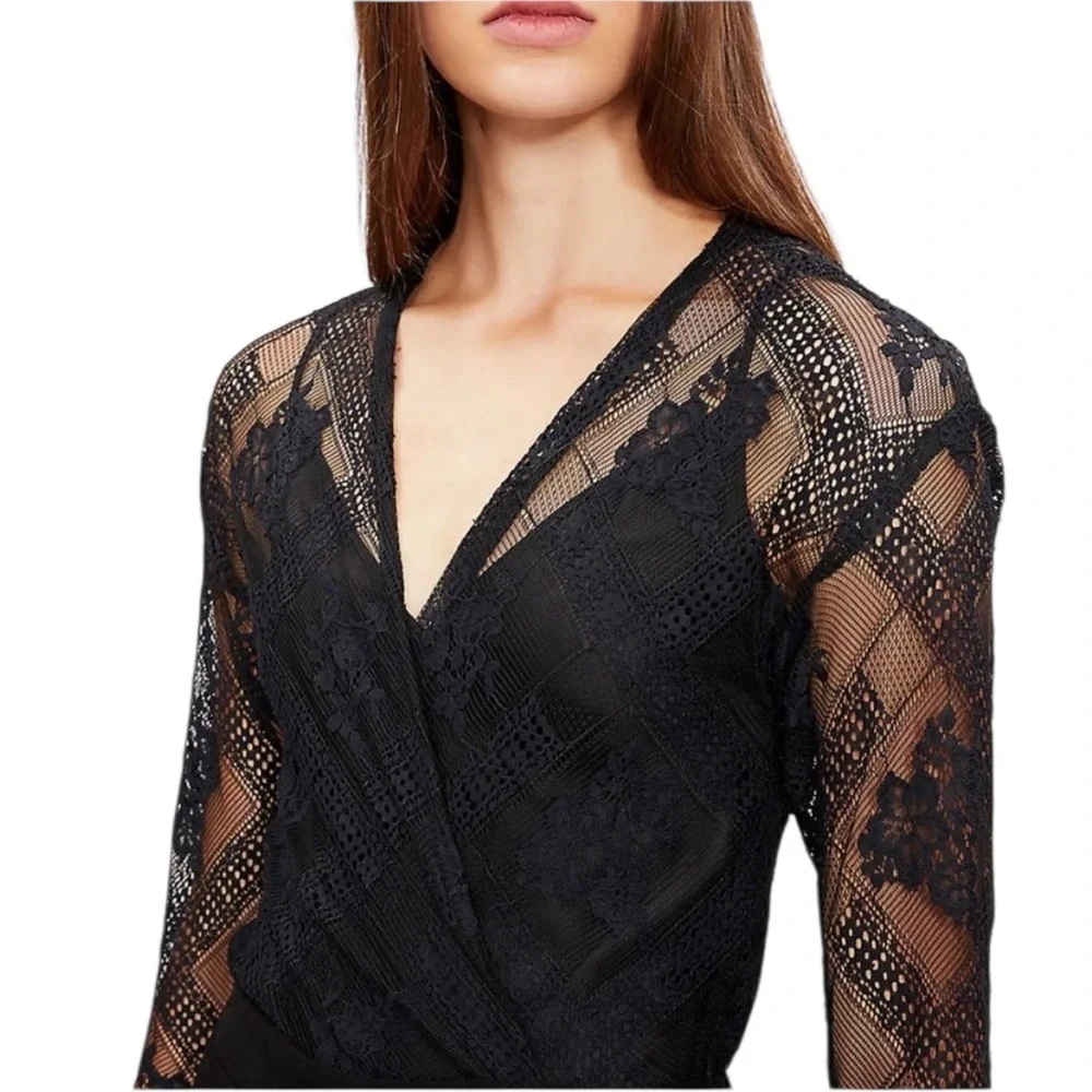 Maje Black Lace Jumpsuit with Sheer Sleeves xs straight leg cropped fairycore - Picture 2 of 7